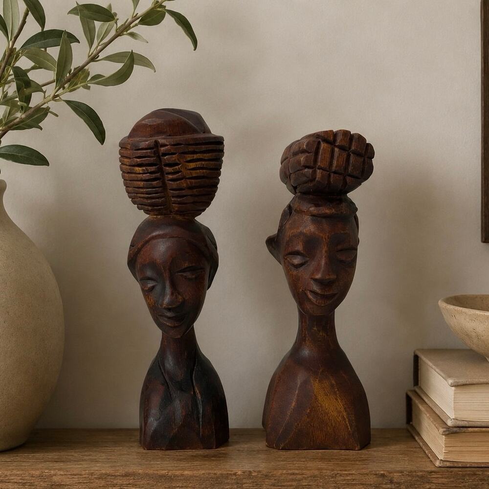 Set Of 2 Wooden African Women Sculptures Carrying Baskets And Wood